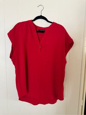 Red Split-Neck Cap-Sleeve Women's Top